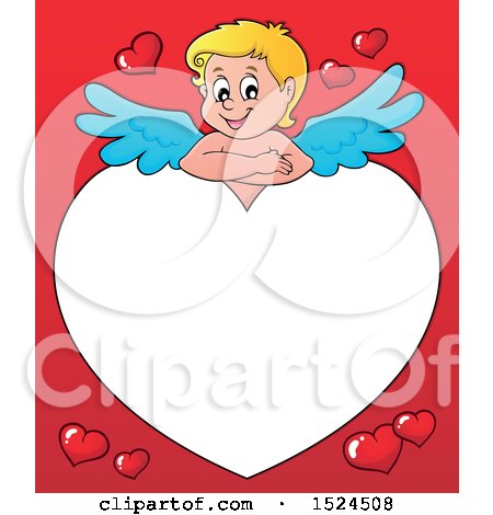 Clipart of a Valentines Day Cupid Resting on a Heart Border over Red - Royalty Free Vector Illustration by visekart