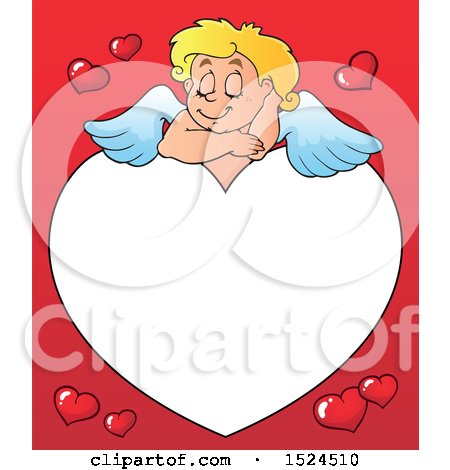 Clipart of a Valentines Day Cupid Sleeping on a Heart Border over Red - Royalty Free Vector Illustration by visekart