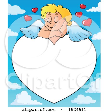 Clipart of a Valentines Day Cupid Sleeping on a Heart Border over Sky - Royalty Free Vector Illustration by visekart