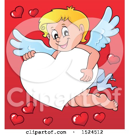 Clipart of a Valentines Day Cupid Holding on a Heart Border over Red - Royalty Free Vector Illustration by visekart