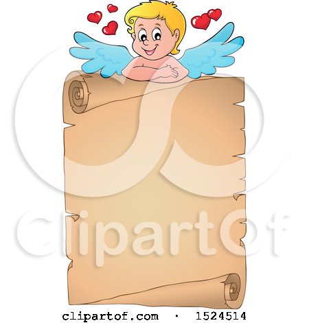 Clipart of a Valentines Day Cupid with a Parchment Scroll - Royalty Free Vector Illustration by visekart