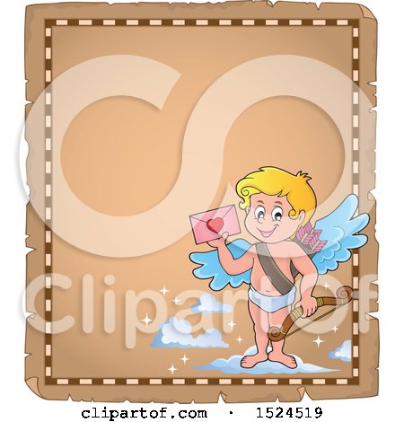 Clipart of a Valentines Day Cupid Holding a Valentine on a Parchment Page - Royalty Free Vector Illustration by visekart