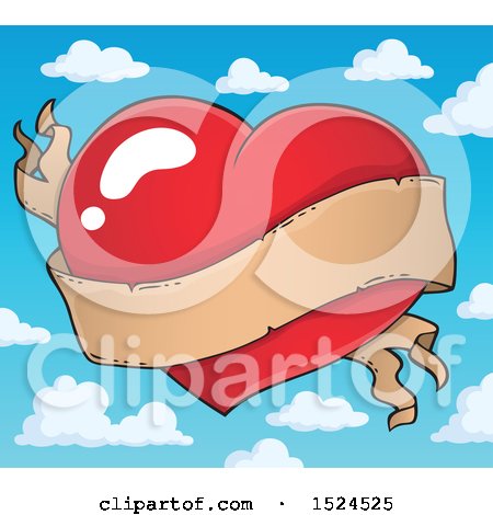 Clipart of a Red Valentines Day Heart with a Ribbon Banner over Sky - Royalty Free Vector Illustration by visekart