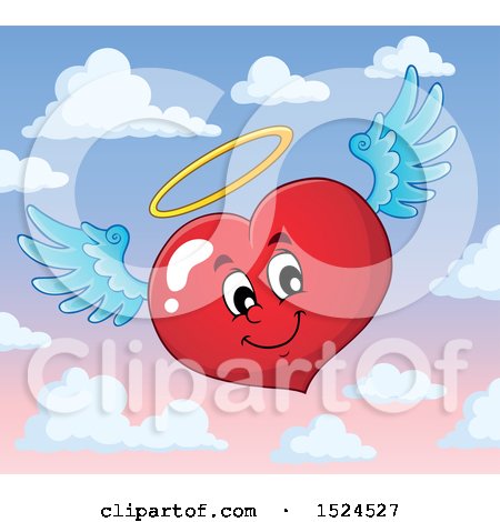 Clipart of a Red Valentines Day Love Heart Angel Character with a Halo over Sky - Royalty Free Vector Illustration by visekart