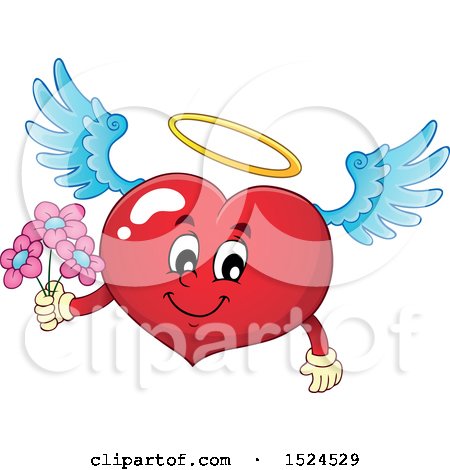 Clipart of a Red Valentines Day Love Heart Angel Character with a Halo, Holding Flowers - Royalty Free Vector Illustration by visekart