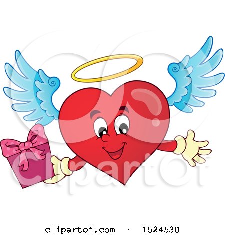 Clipart of a Red Valentines Day Love Heart Angel Character with a Halo, Holding a Gift - Royalty Free Vector Illustration by visekart
