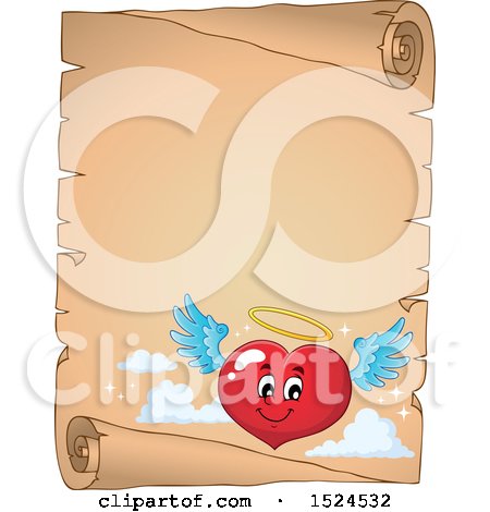 Clipart of a Red Valentines Day Love Heart Angel Character on a Parchment Scroll - Royalty Free Vector Illustration by visekart