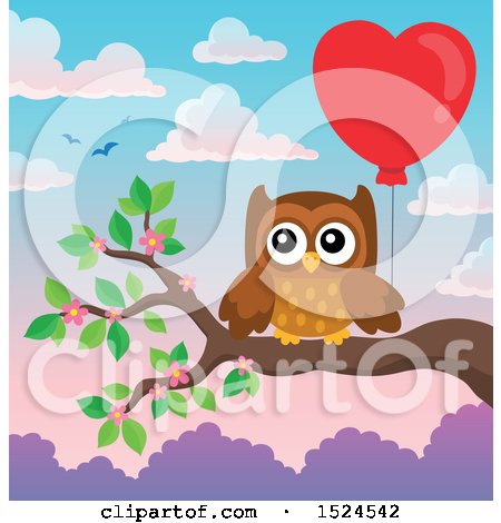 Clipart of a Valentines Day Owl on a Branch, Holding a Heart Balloon - Royalty Free Vector Illustration by visekart
