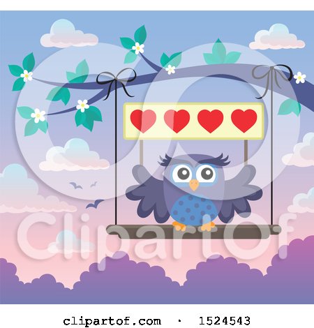 Clipart of a Valentines Day Owl on a Swing, Holding a Heart Sign - Royalty Free Vector Illustration by visekart