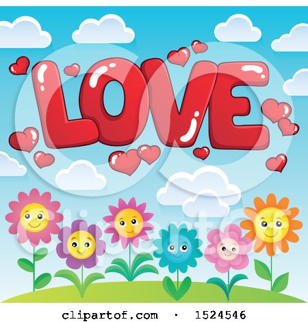 Clipart of a Red Word Love with Valentines Day Hearts over Flowers - Royalty Free Vector Illustration by visekart