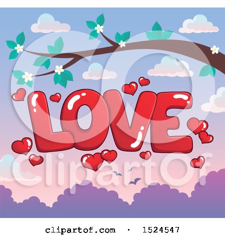 Clipart of a Red Word Love with Valentines Day Hearts over a Sunset with a Branch - Royalty Free Vector Illustration by visekart