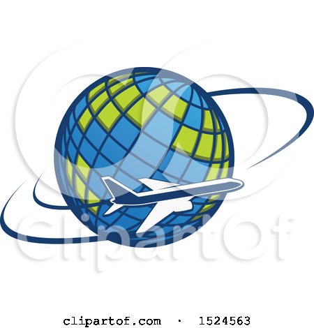 Clipart of a Silhouetted Airplane Flying Around Planet Earth - Royalty Free Vector Illustration by Vector Tradition SM