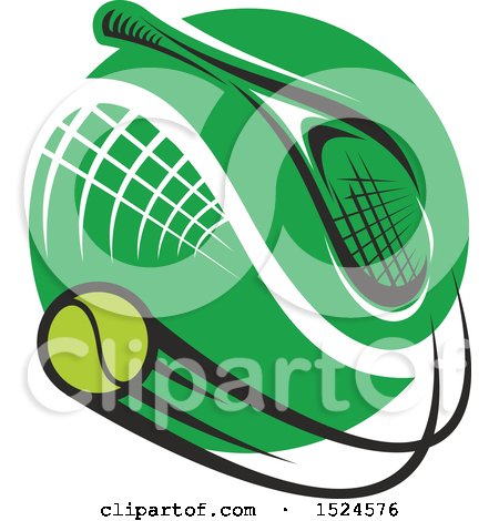Clipart of a Green Circle with a Tennis Net, Ball and Racket - Royalty Free Vector Illustration by Vector Tradition SM