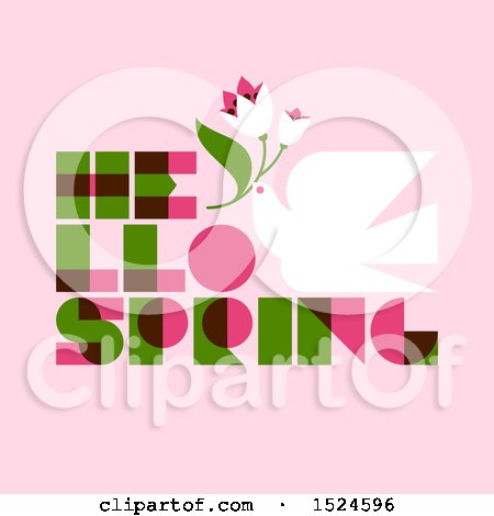 Clipart of a Hello Spring Design a Dove and Flowers on Pink - Royalty Free Vector Illustration by elena