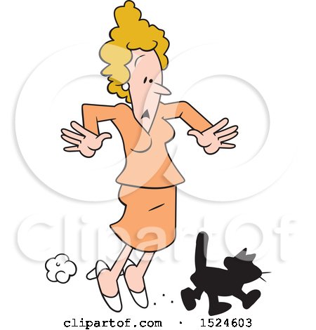 Clipart of a Superstition Scene of a Black Cat Crossing an Unlucky Womans Path - Royalty Free Vector Illustration by Johnny Sajem