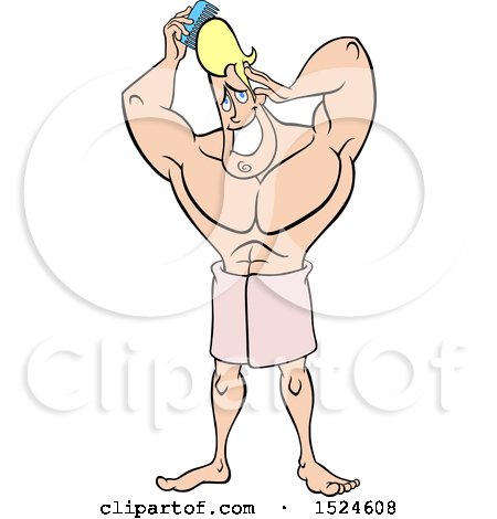 Clipart of a Cartoon Buff Blond Dude Combing His Hair After a Shower - Royalty Free Vector Illustration by yayayoyo