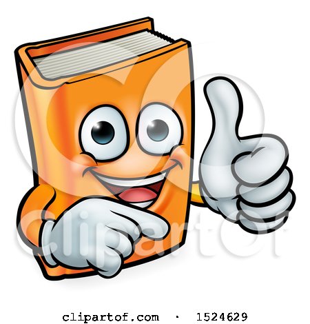 Clipart of a Happy Orange Book Character Mascot Giving a Thumb up and Pointing - Royalty Free Vector Illustration by AtStockIllustration