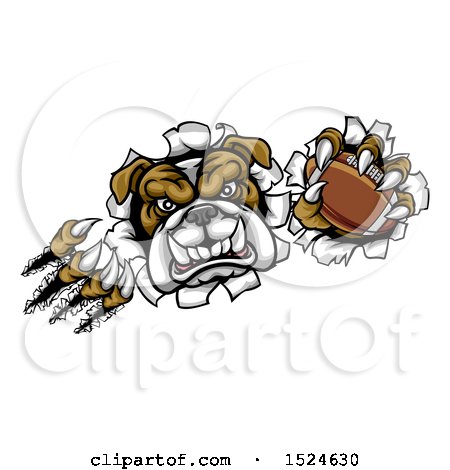 Clipart of a Tough Bulldog Monster Shredding Through a Wall with a Football in One Hand - Royalty Free Vector Illustration by AtStockIllustration