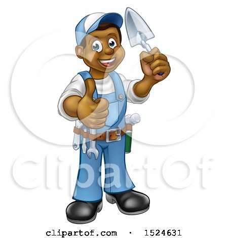 Clipart of a Full Length Black Male Mason Worker Holding a Trowel and Giving a Thumb up - Royalty Free Vector Illustration by AtStockIllustration