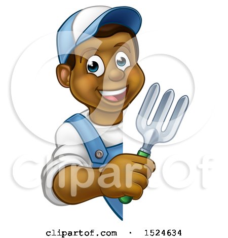 Clipart of a Happy Black Male Gardener Holding a Garden Fork Around a Sign - Royalty Free Vector Illustration by AtStockIllustration