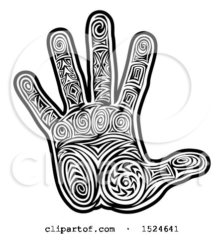 Clipart of a Tribal Hand in Black and White - Royalty Free Vector Illustration by AtStockIllustration