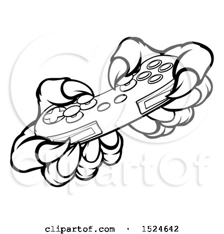 Clipart of Black and White Monster Claws Playing with a Video Game Controller - Royalty Free Vector Illustration by AtStockIllustration