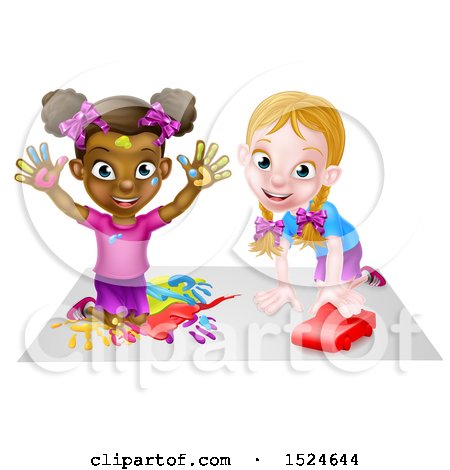 Clipart of a Black Girl Finger Painting and White Girl Playing with a Toy Car - Royalty Free Vector Illustration by AtStockIllustration