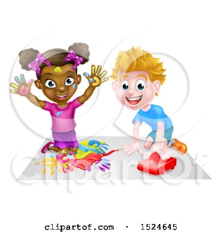 Clipart of a Black Girl Finger Painting and White Boy Playing with a Toy Car - Royalty Free Vector Illustration by AtStockIllustration