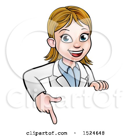 Clipart of a Cartoon Friendly White Female Scientist Pointing down over a Sign - Royalty Free Vector Illustration by AtStockIllustration