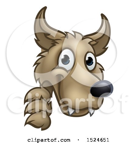 Clipart of a Wolf Face Mascot Looking Around a Corner, from the Three Little Pigs Story - Royalty Free Vector Illustration by AtStockIllustration