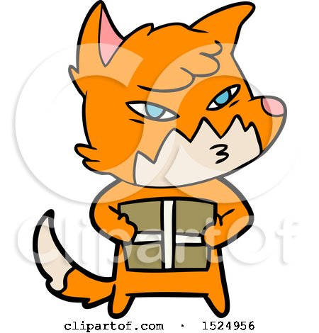 Clipart Cartoon of a Fox Holding a Present by lineartestpilot