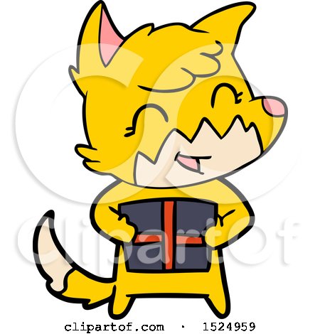 Clipart Cartoon of a Fox Holding a Present by lineartestpilot