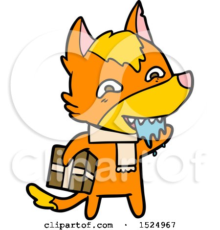 Clipart Cartoon of a Fox Holding a Present by lineartestpilot