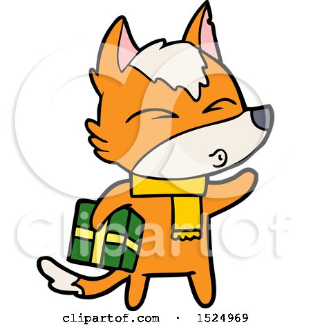 Clipart Cartoon of a Fox Holding a Present by lineartestpilot