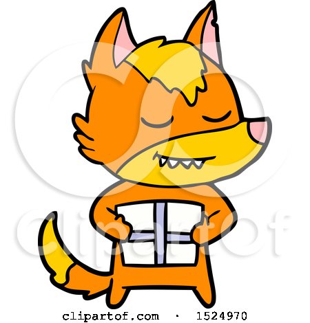 Clipart Cartoon of a Fox Holding a Present by lineartestpilot