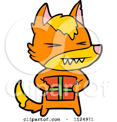 Clipart Cartoon of a Fox Holding a Present by lineartestpilot