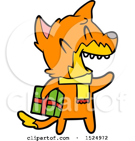 Clipart Cartoon of a Fox Holding a Present by lineartestpilot