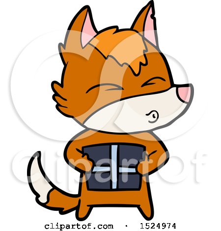 Clipart Cartoon of a Fox Holding a Present by lineartestpilot