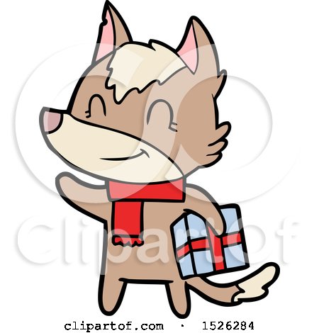 Friendly Cartoon Wolf with Present by lineartestpilot
