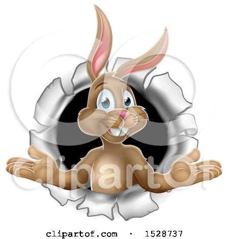 Clipart of a Happy Easter Bunny Rabbit Breaking Through a Hole in a Wall - Royalty Free Vector Illustration by AtStockIllustration