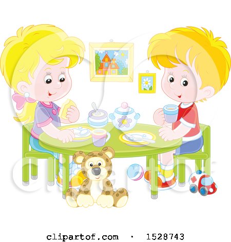 Clipart of a Blond Boy and Girl Eating a Meal at a Play Room Table - Royalty Free Vector Illustration by Alex Bannykh