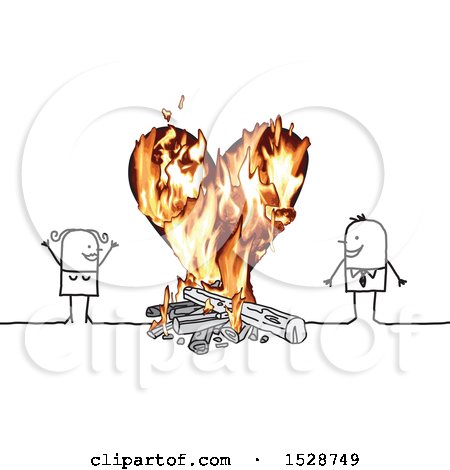 Clipart of a Stick Couple Around a Campfire and a Flaming Heart - Royalty Free Vector Illustration by NL shop