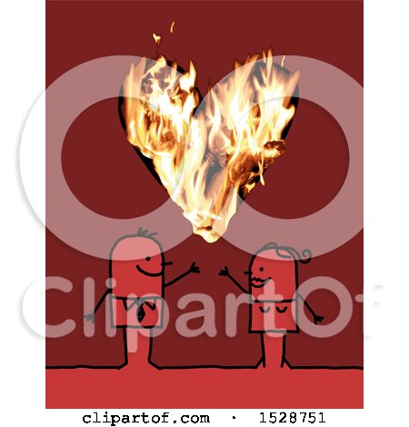 Clipart of a Stick Couple with a Flaming Heart on Red - Royalty Free Vector Illustration by NL shop