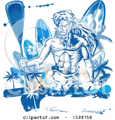 Clipart of Poseidon Holding a Paddle over Surfboards with Palm Trees and Grunge - Royalty Free Vector Illustration by Domenico Condello