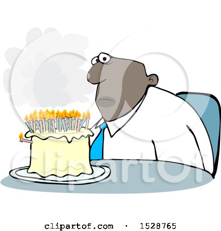 Clipart of a Cartoon Black Business Man Sitting in Front of His Birthday Cake with Many Lit Candles - Royalty Free Vector Illustration by djart