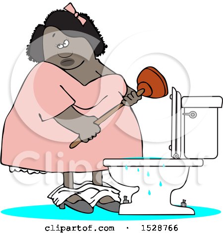 Clipart of a Cartoon Black Woman Plunging an Overflowing Toilet - Royalty Free Vector Illustration by djart