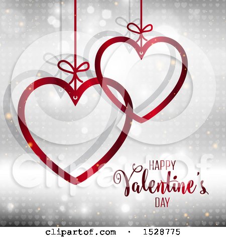 Clipart of a Happy Valentines Day Greeting with Suspended Red Hearts over a Gray Pattern - Royalty Free Vector Illustration by KJ Pargeter