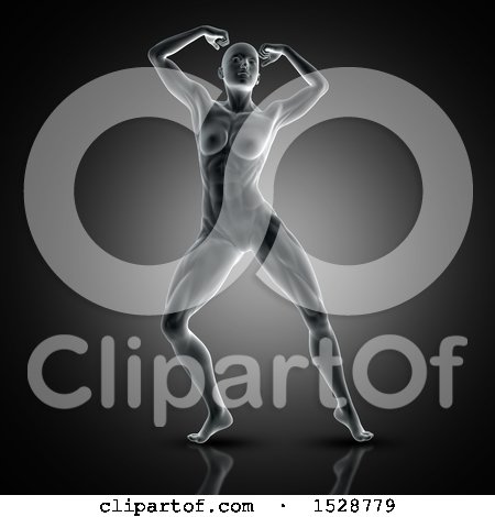 Clipart of a 3d Xray Bodybuilder Woman with Visible Muscles, Flexing - Royalty Free Illustration by KJ Pargeter