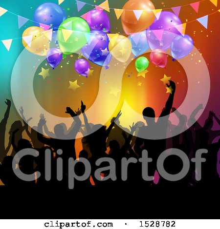 Clipart of a Silhouetted Crowd of Party People Under Banners, Stars and Balloons over Colors - Royalty Free Vector Illustration by KJ Pargeter