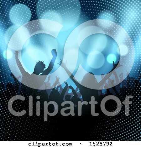 Clipart of a Silhouetted Crowd of People in an Audience, with Halftone and Flares - Royalty Free Vector Illustration by KJ Pargeter